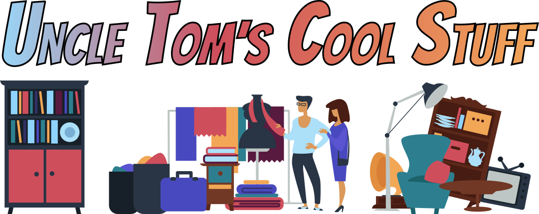 uncle tom's cool stuff - logo (colourful drawing of chest of drawers, clothing and furniture)